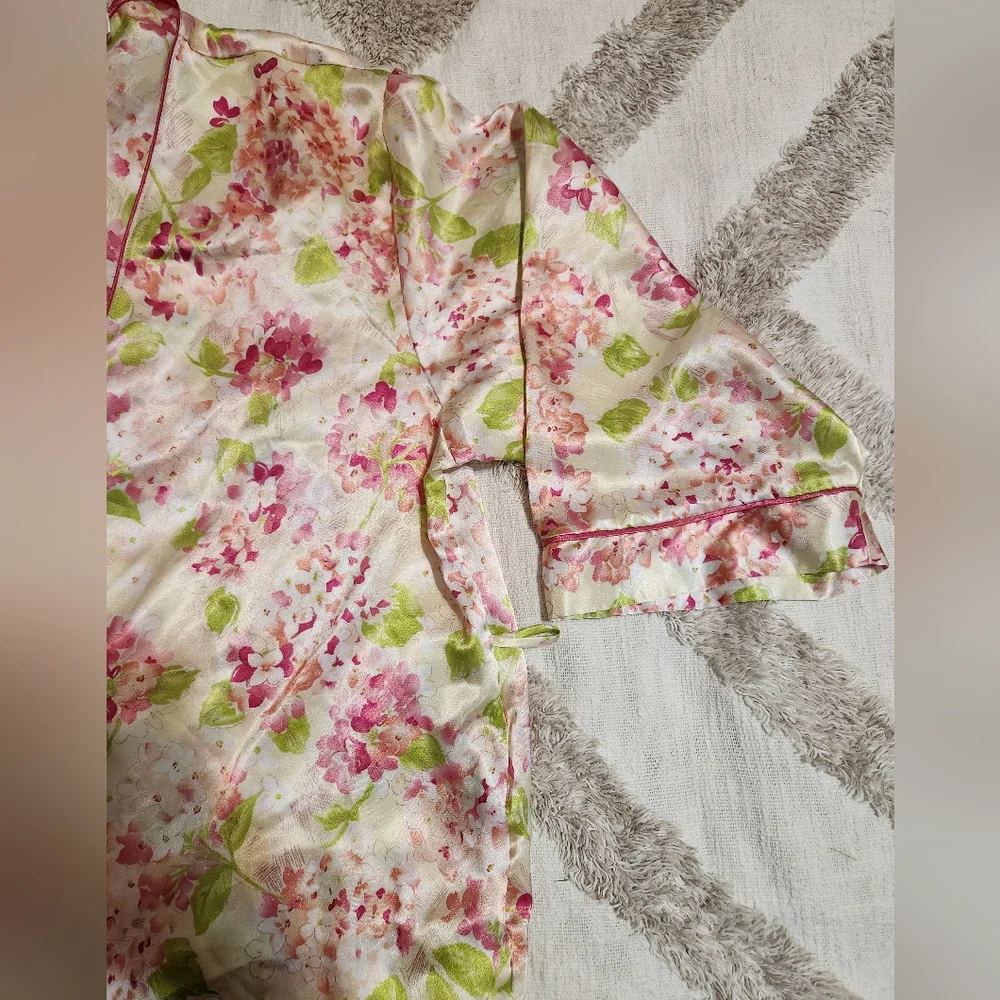 Oscar De La Renta Pink Label Sz XL Pink & Green Floral Long Satin Robe - Picture 4 of 5